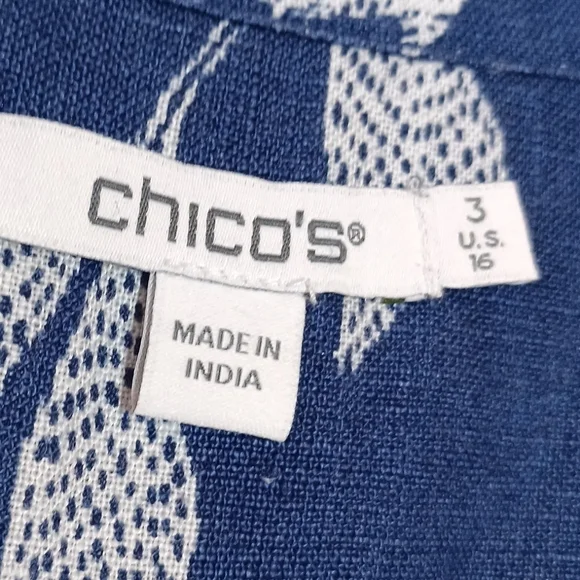 Chico’s Linen Leaf Print Popover Shirt Dress size 3 XL 16 Blue - Picture 3 of 9